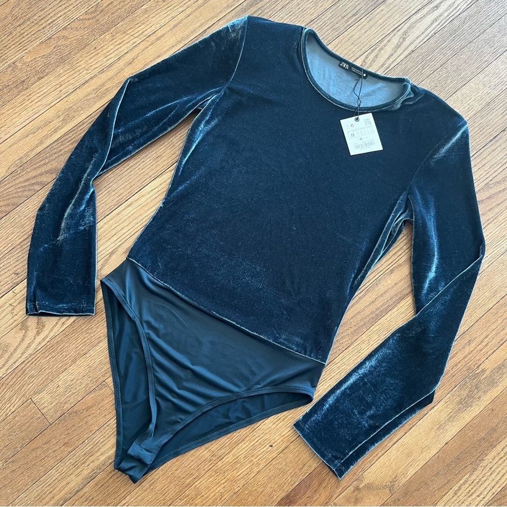 Zara Long Sleeve Velvet Bodysuit Night Blue Medium